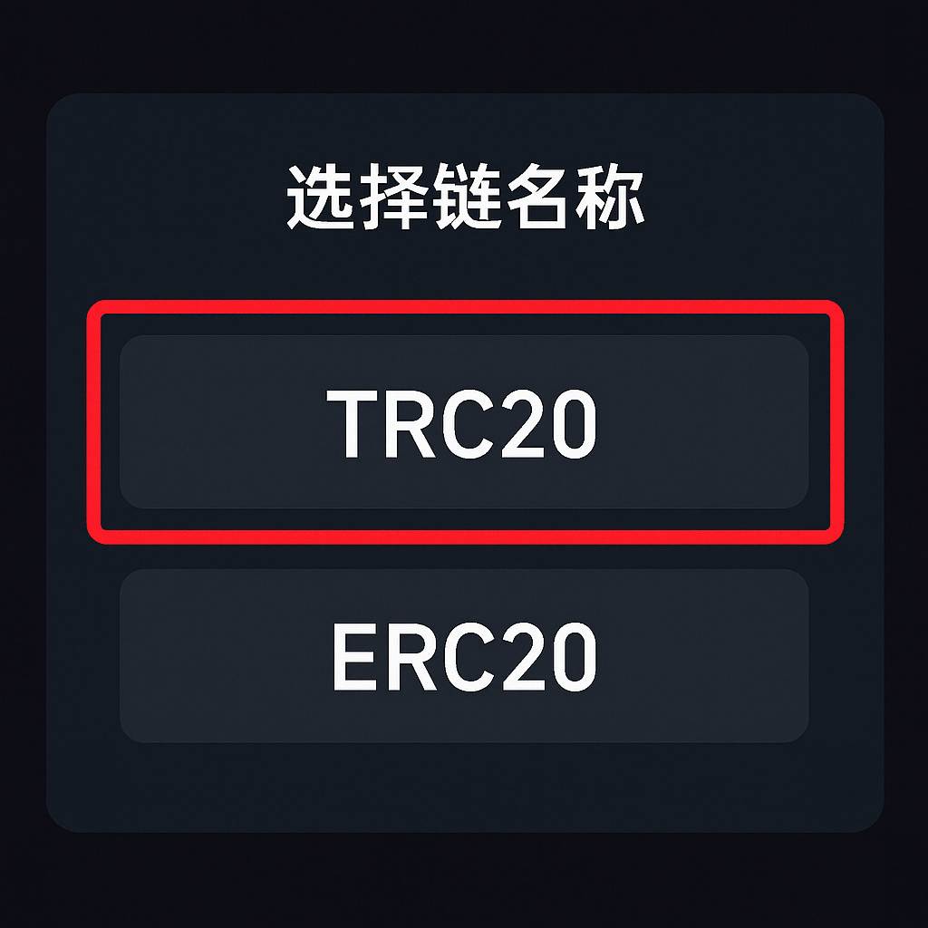 TRC20 和 ERC20 鏈種選擇畫面，TRC20 以紅框高亮提示為推薦選項，用於 USDT 提領時避免轉錯鏈。